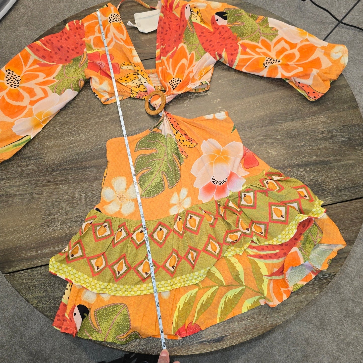 Z&L Orange Delia Boho Print Bubble 3/4 Sleeves Mini Dress Sz Small (0966)