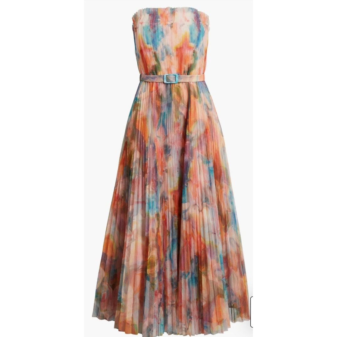 Hutch Coral Multi Swirl Strapless Pleated Fit Flare Belted Midi Dress Sz 14