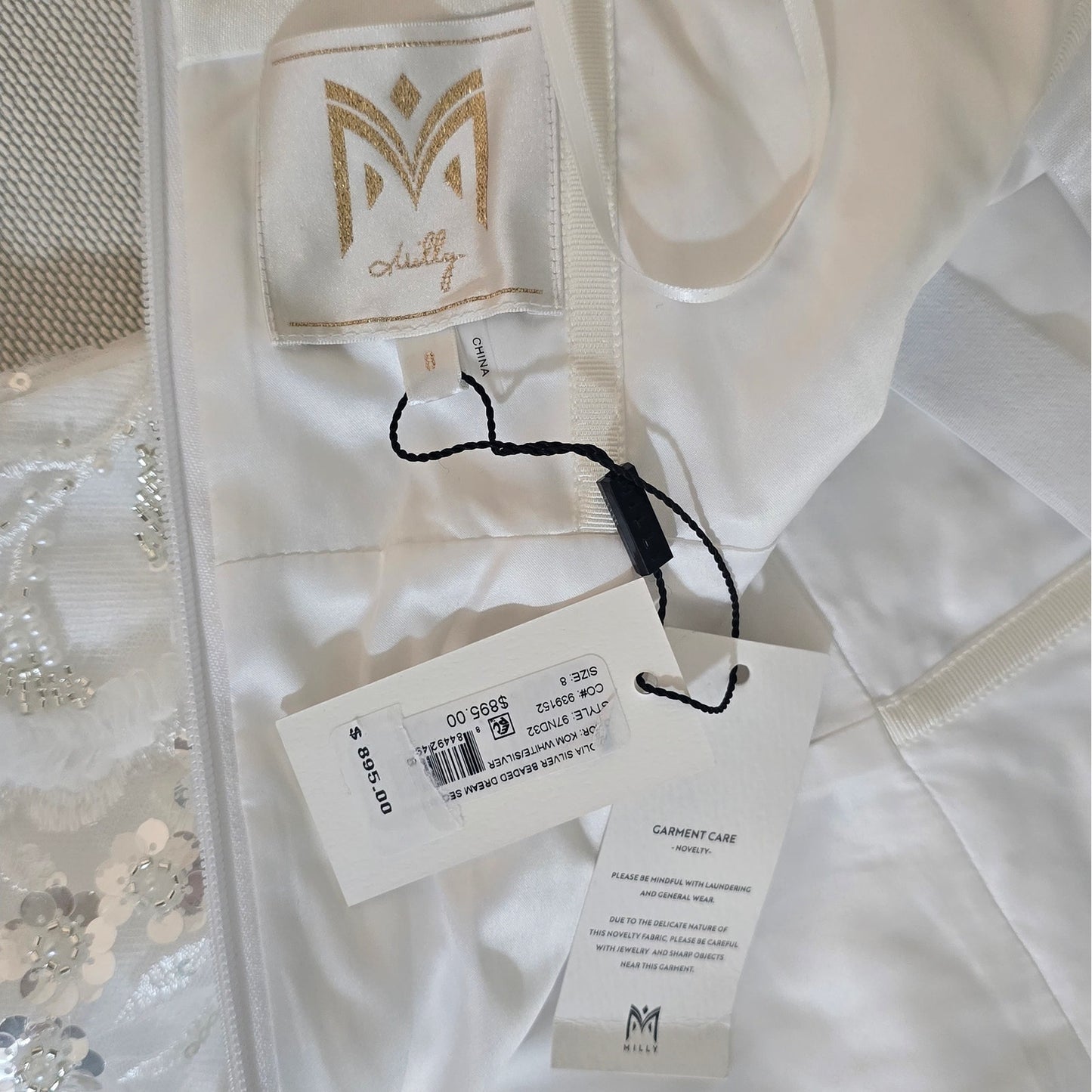 Milly Magnolia White/Silver Strapless Beaded Sequin Maxi Dress Sz 8