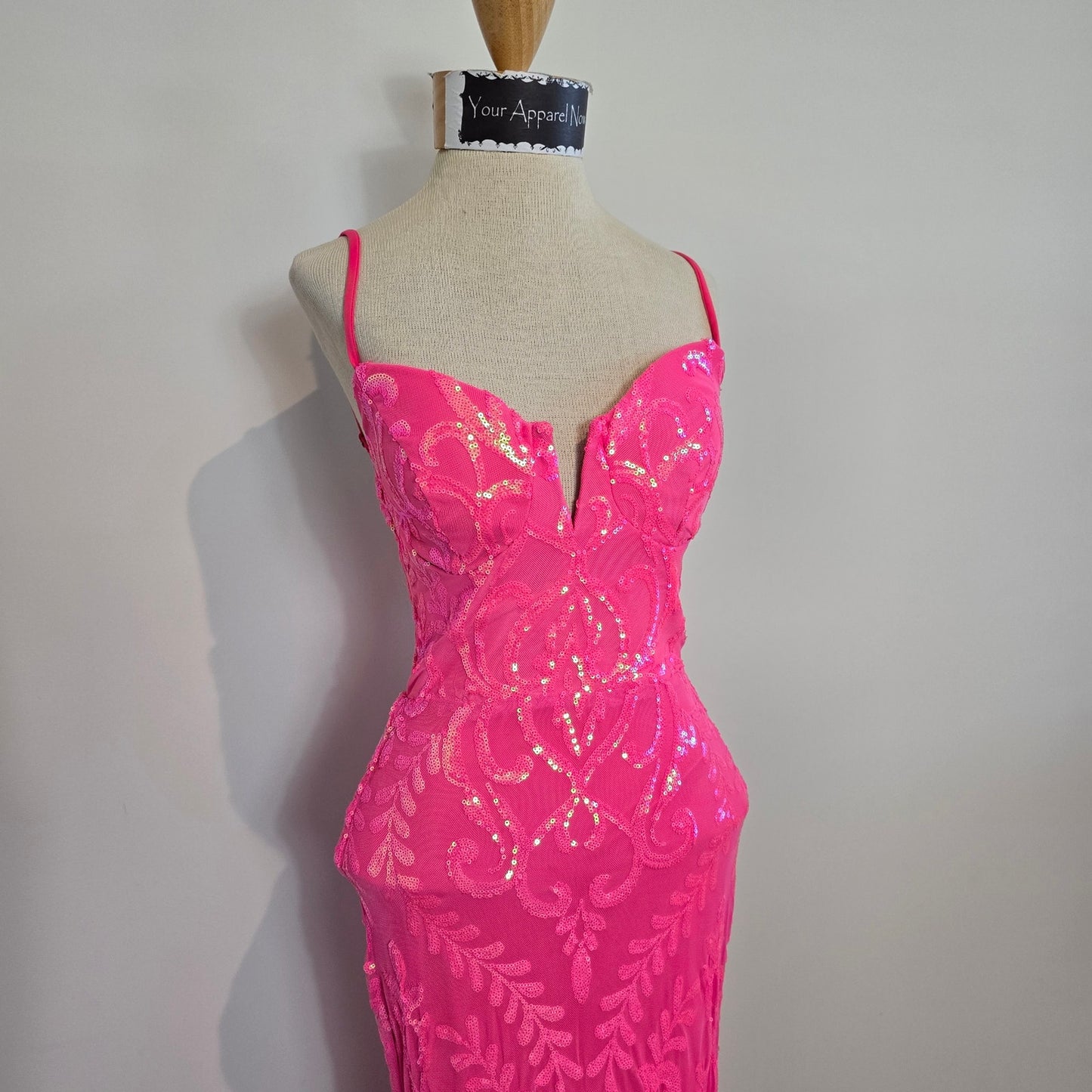 Julissa NEON PINK V-Neck Sequin Mesh Mermaid Dress Sz XS
