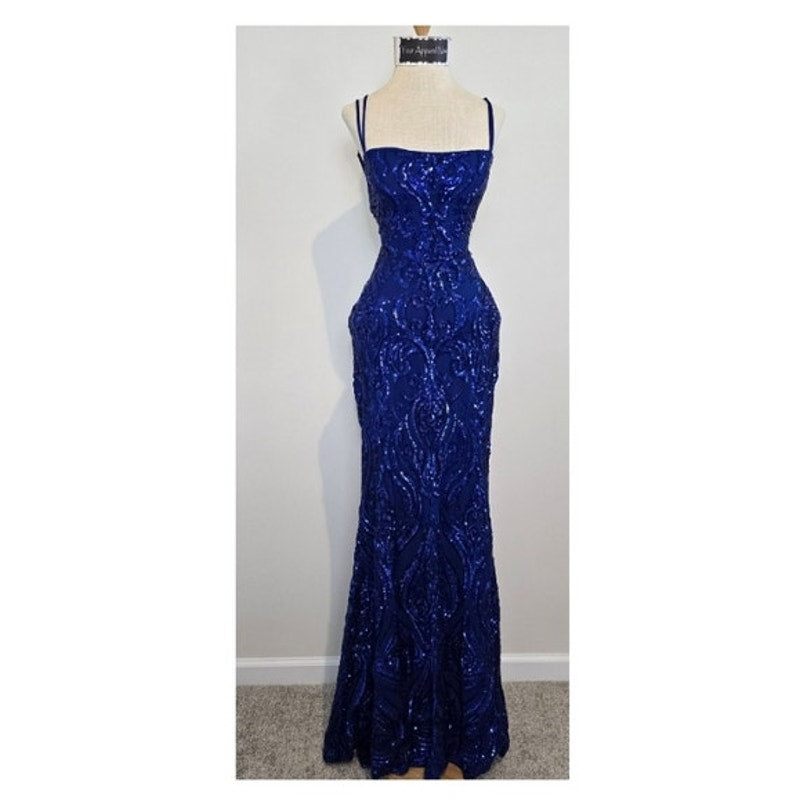 Delaney Royal Blue Lace-Up Mermaid Sequin Formal Formal Dress Size XS (748)