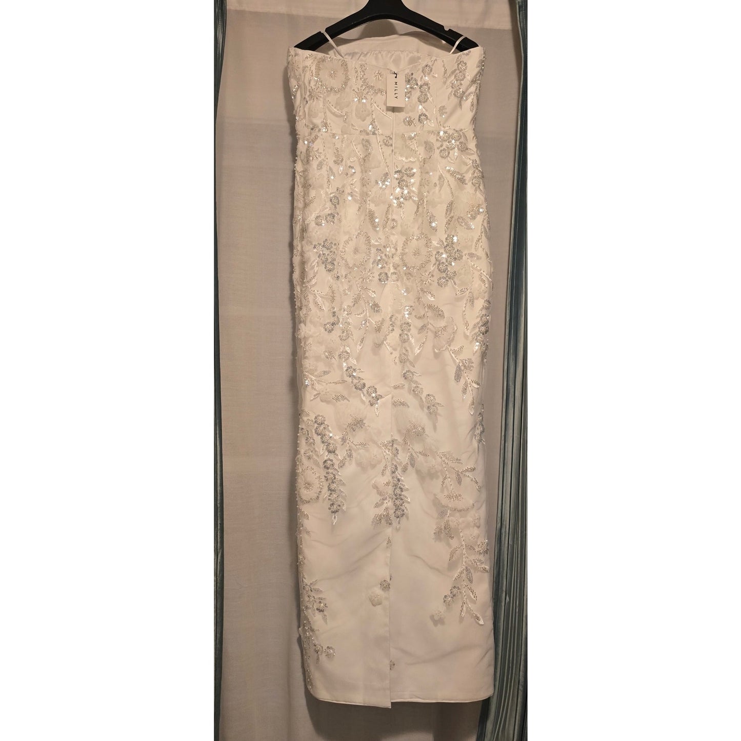 Milly Magnolia White/Silver Strapless Beaded Sequin Maxi Dress Sz 8