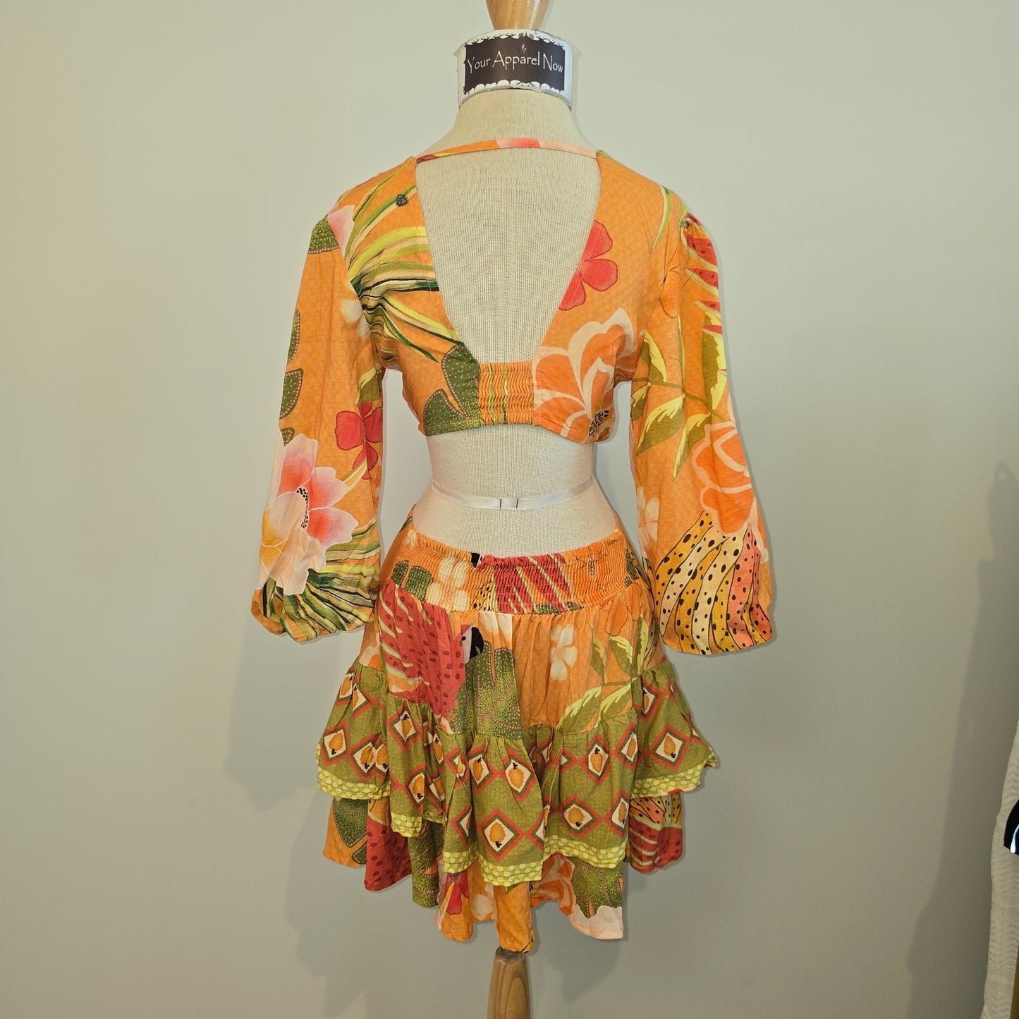 Z&L Orange Delia Boho Print Bubble 3/4 Sleeves Mini Dress Sz Small (0966)