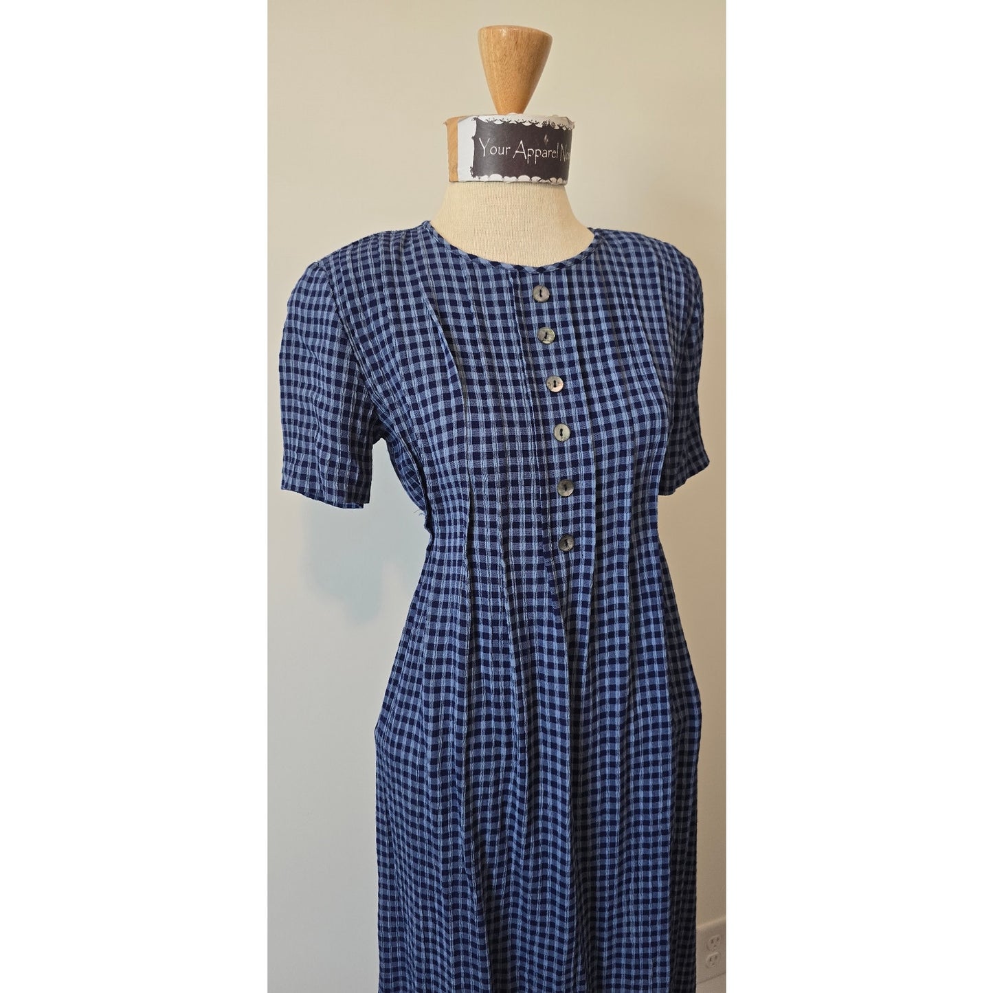 J.B.S Women Blue Vintage Crew Neck Short Sleeve Plaid Midi Dress Sz. 4(0993)