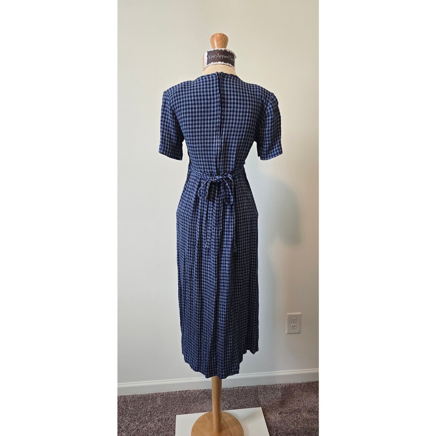 J.B.S Women Blue Vintage Crew Neck Short Sleeve Plaid Midi Dress Sz. 4(0993)