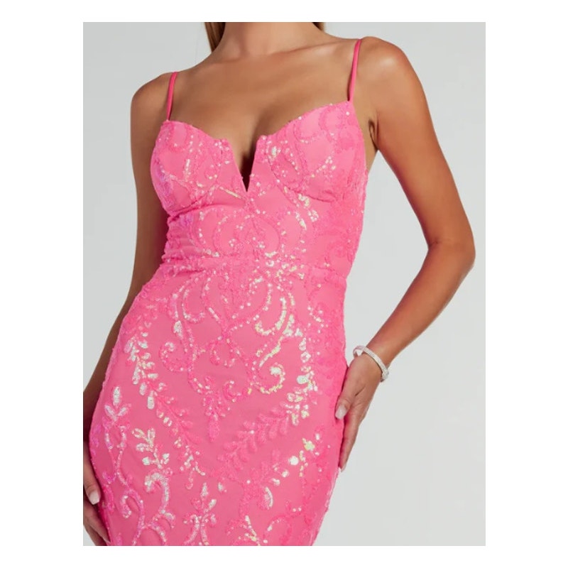 Julissa NEON PINK V-Neck Sequin Mesh Mermaid Dress Sz XS
