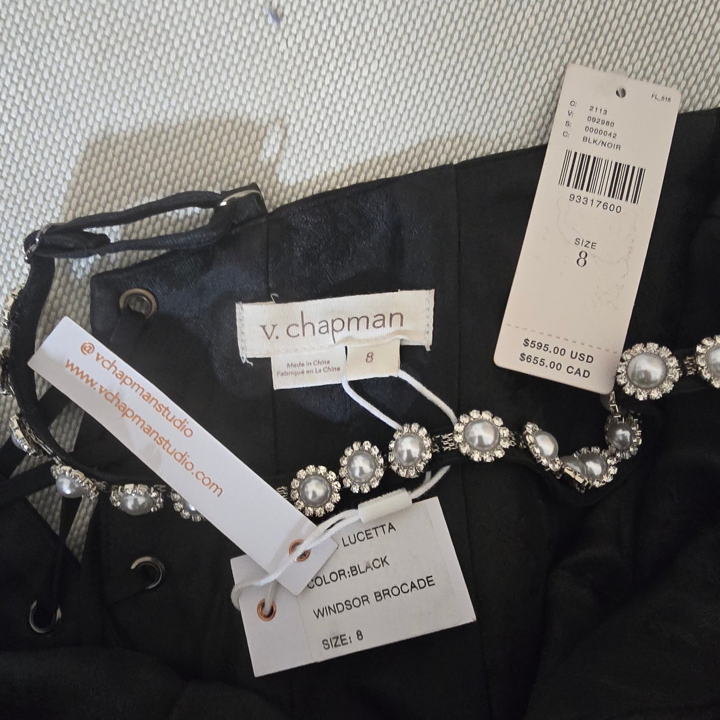 V. Chapman The Lucetta Gown Dress in Black Windsor Brocade Sz 8
