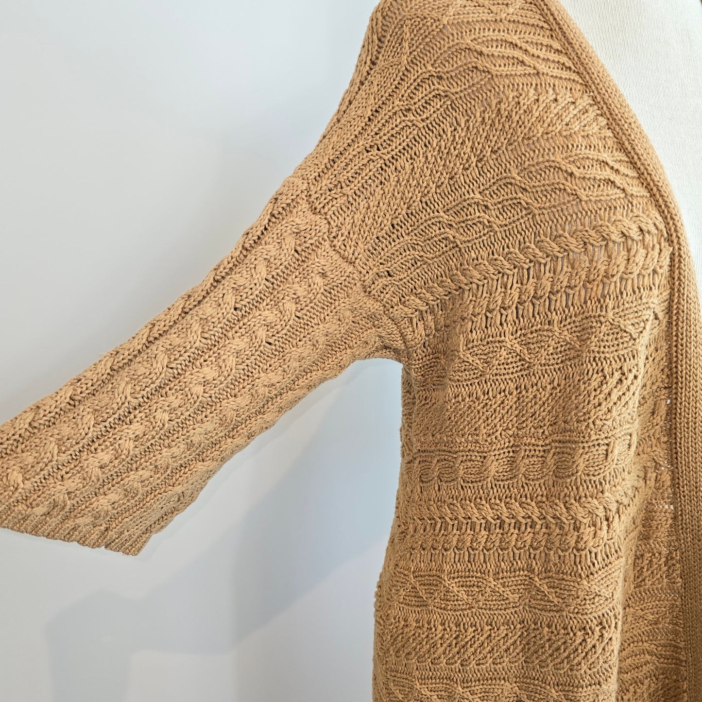 Chico's Women's Tan Short Sleeve Knit Long Open Cardigan Sweater Sz 2 (704)