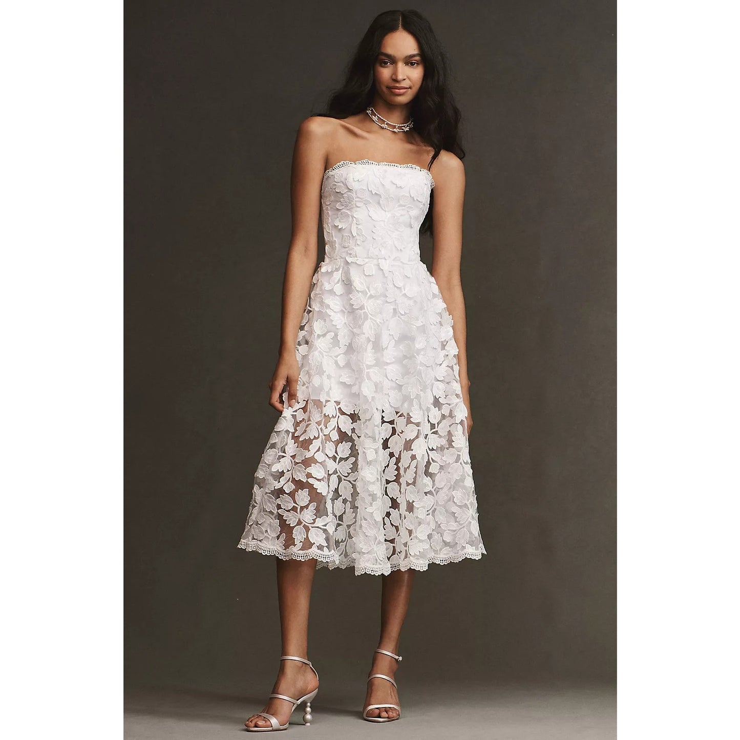 Helsi White Florence Strapless Embroidered A-Line Midi Dress Sz XS