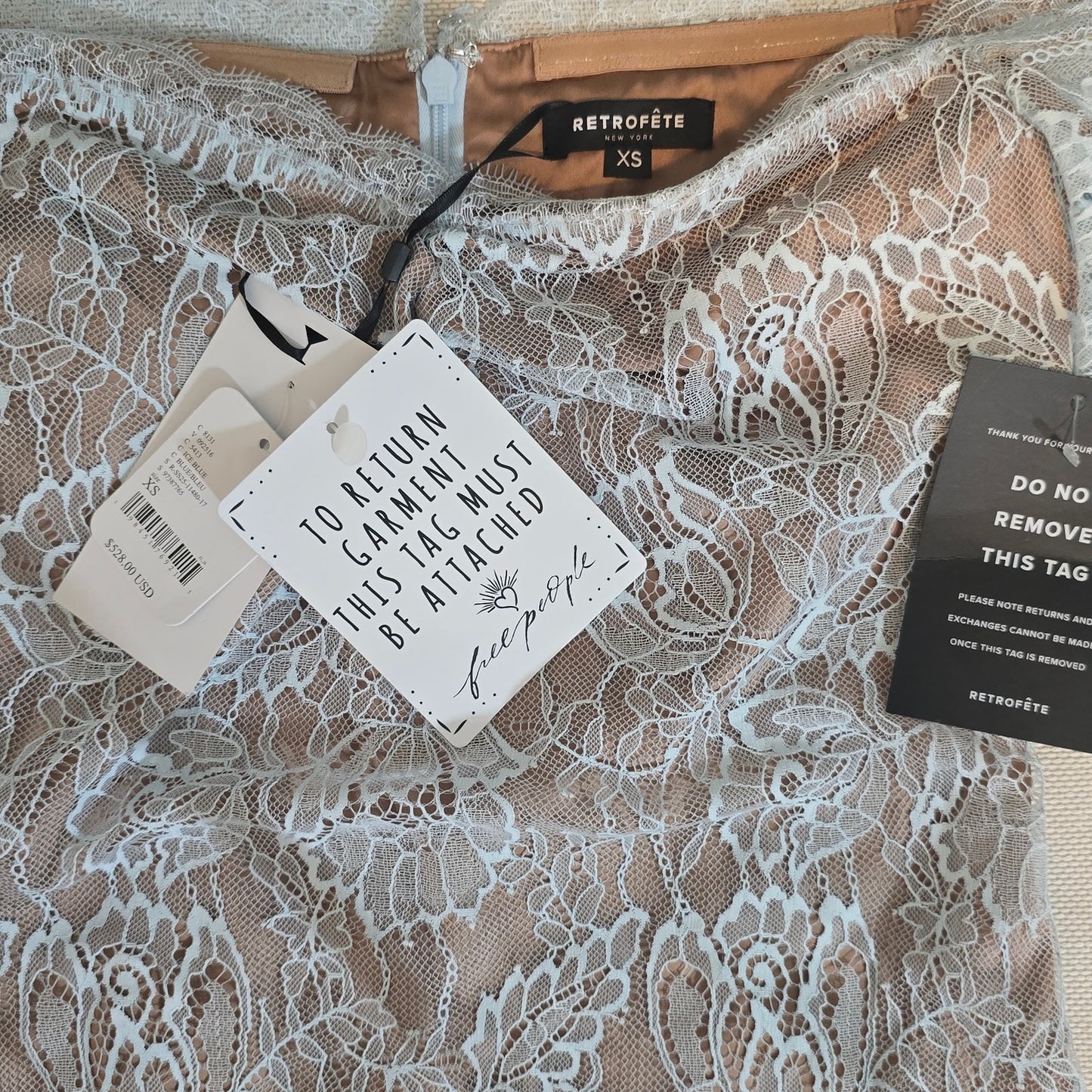Retrofete Light Blue Nude Lining Aino Lace Mini Dress Sz XS