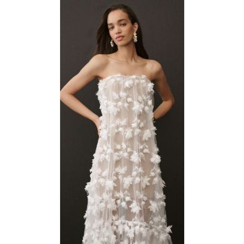 Anthropologie Athena Strapless Sheer 3D Flower Nude interior Midi Dress Sz Small