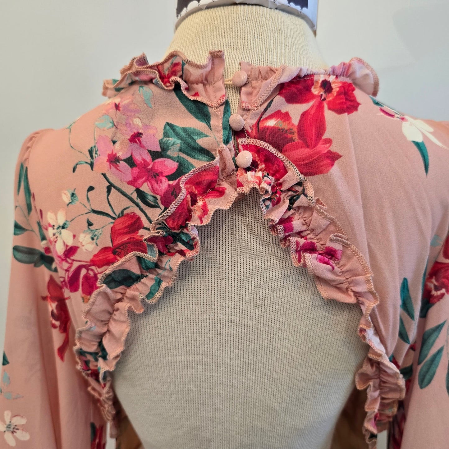 VICI Pink Floral Print Long Sleeve Ruffle & backless Maxi Dress Sz Medium
