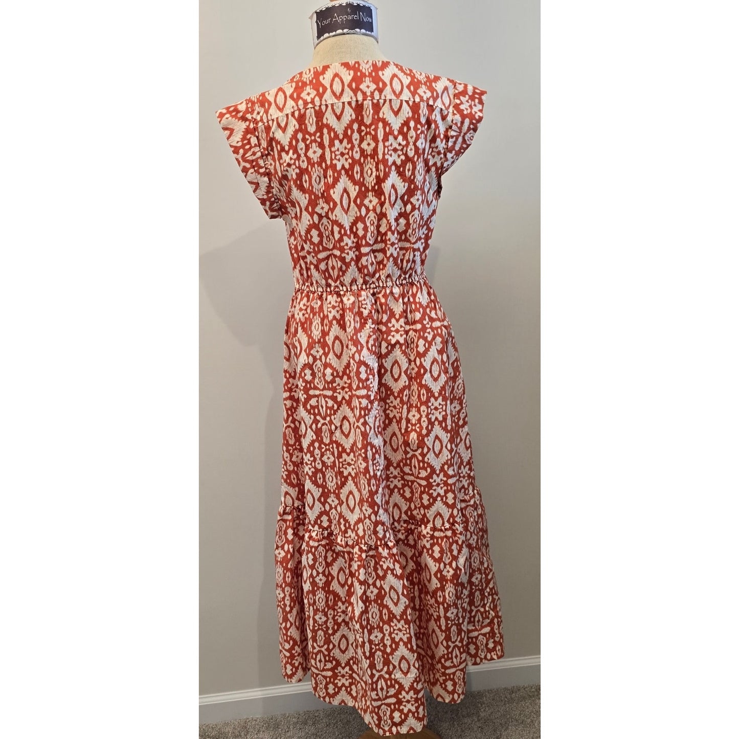 BB DAKOTA Orange Printed Short Sleeve Plunge Neckline Midi Dress Sz M (0956)