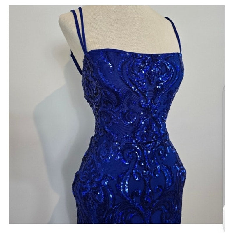Delaney Royal Blue Lace-Up Mermaid Sequin Formal Formal Dress Size XS (748)