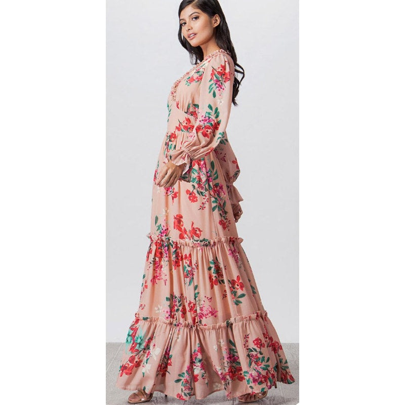 VICI Pink Floral Print Long Sleeve Ruffle & backless Maxi Dress Sz Medium