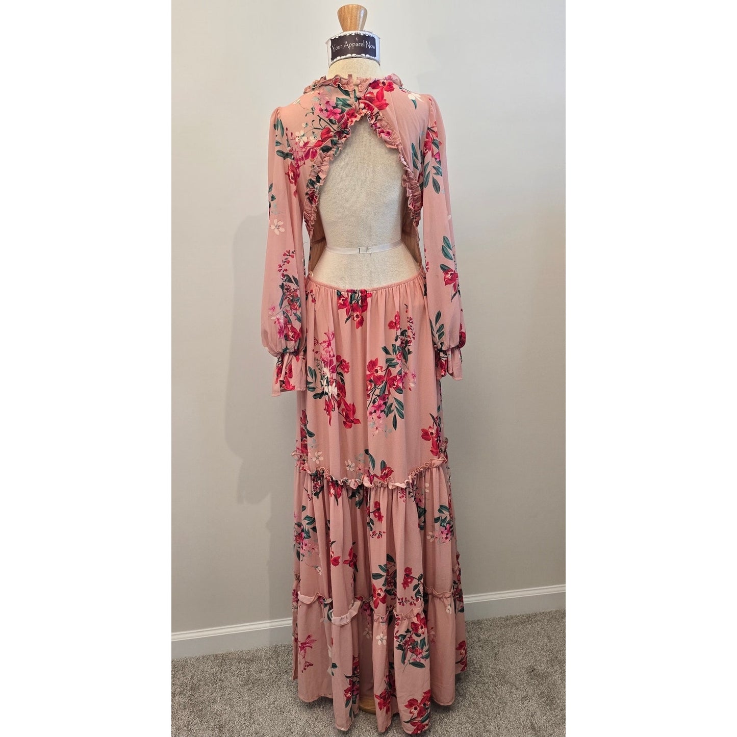 VICI Pink Floral Print Long Sleeve Ruffle & backless Maxi Dress Sz Medium
