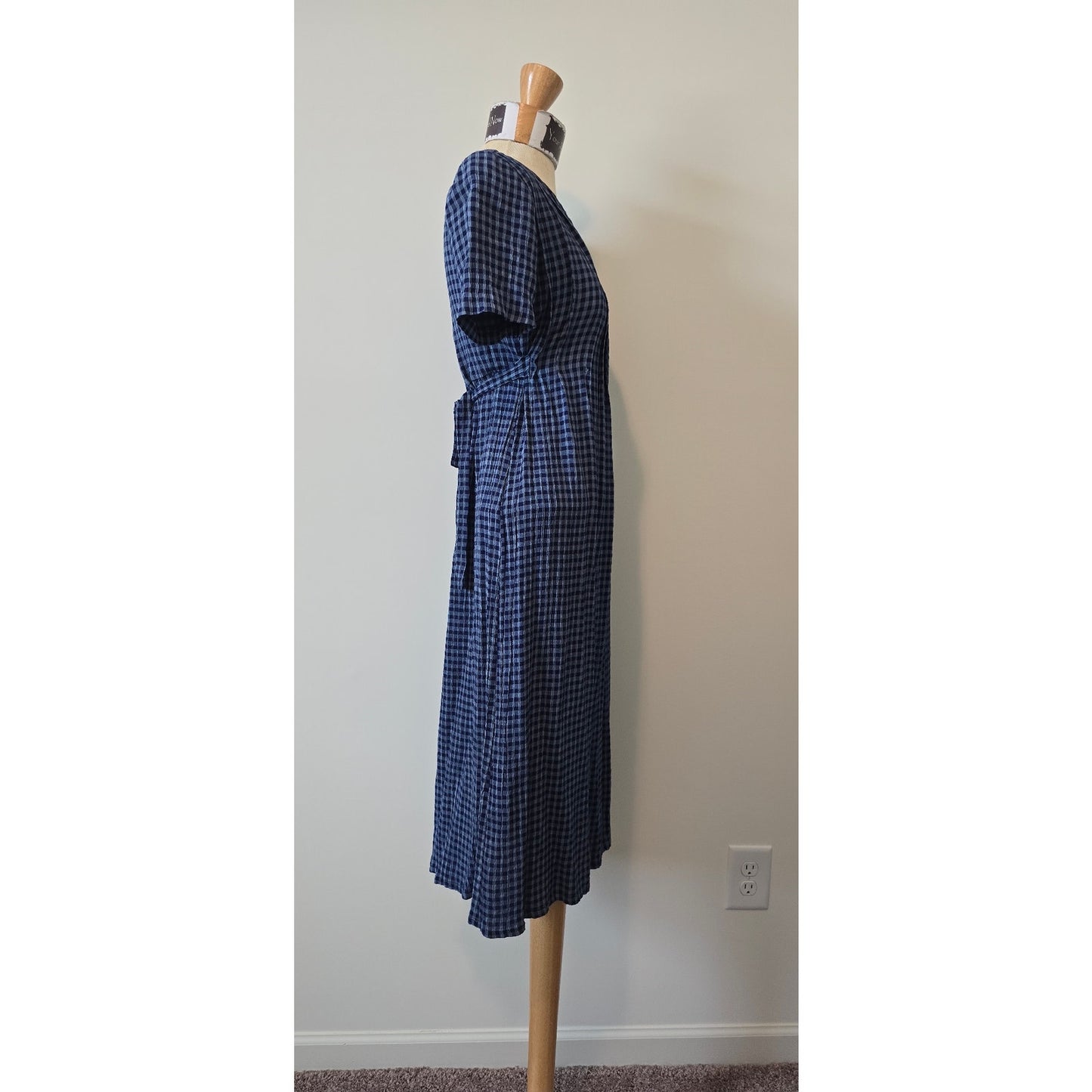J.B.S Women Blue Vintage Crew Neck Short Sleeve Plaid Midi Dress Sz. 4(0993)