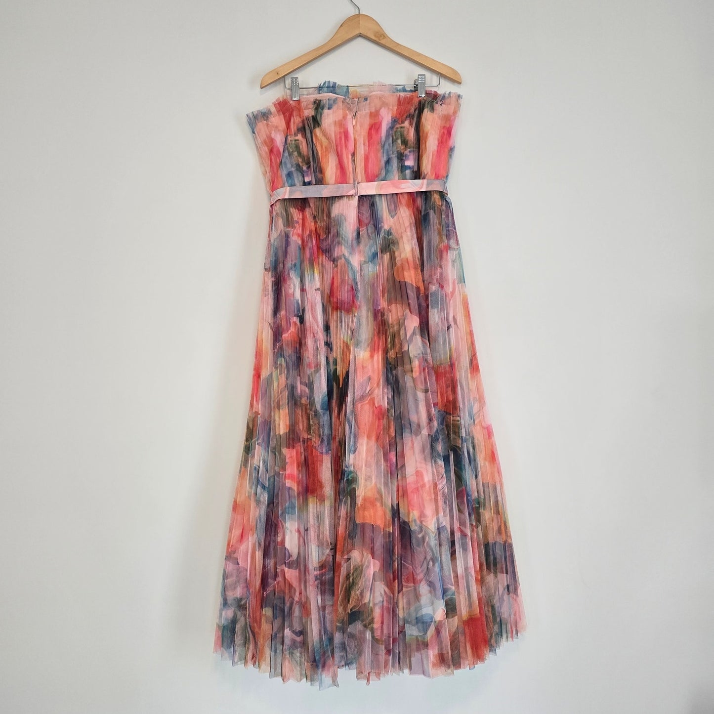 Hutch Coral Multi Swirl Strapless Pleated Fit Flare Belted Midi Dress Sz 14