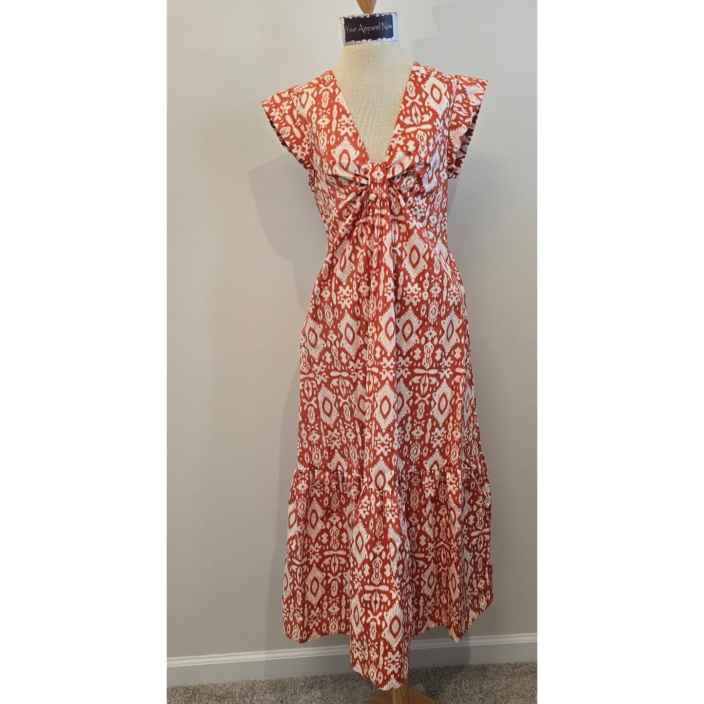 BB DAKOTA Orange Printed Short Sleeve Plunge Neckline Midi Dress Sz M (0956)