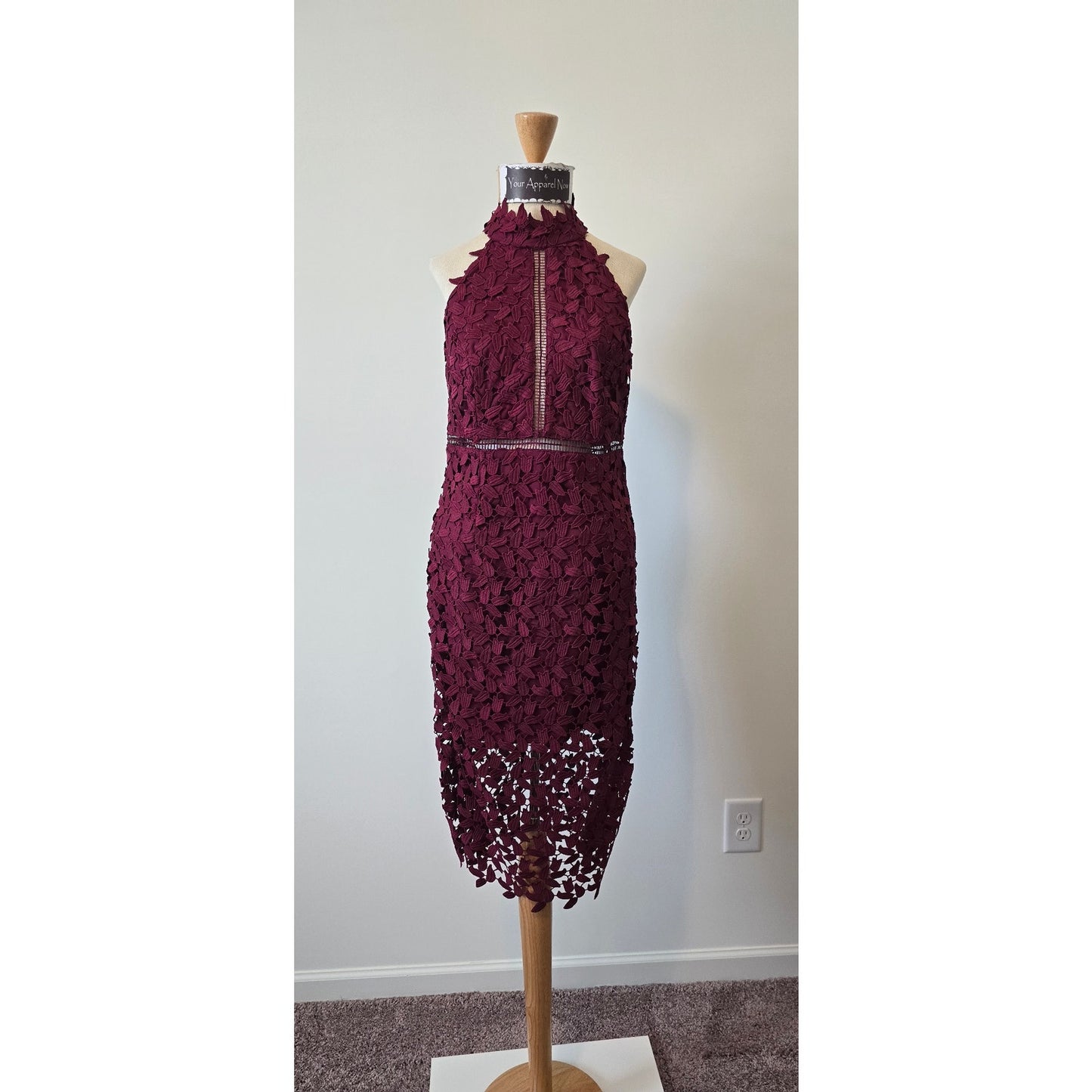Bardot Women Halter Open Back Wine Cutouts Lace Midi Dress Sz 8 (0991)