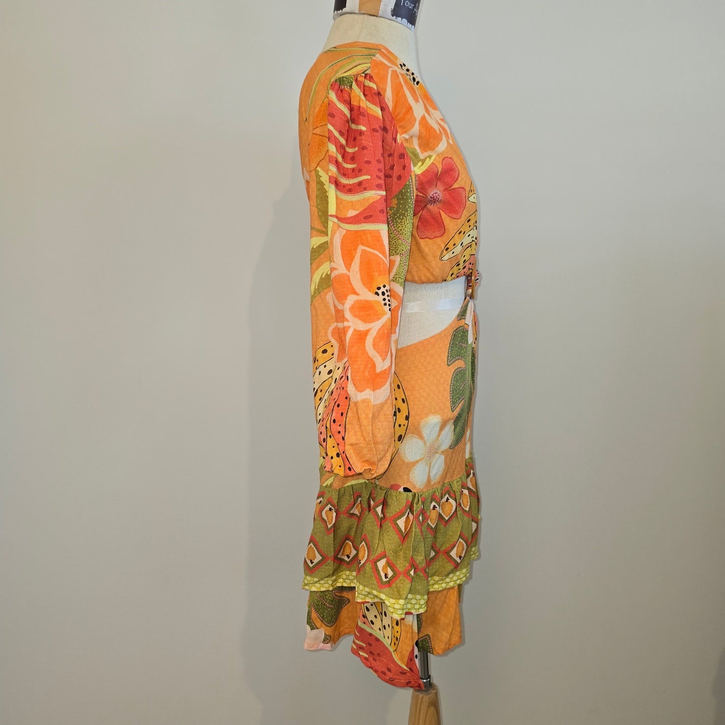 Z&L Orange Delia Boho Print Bubble 3/4 Sleeves Mini Dress Sz Small (0966)