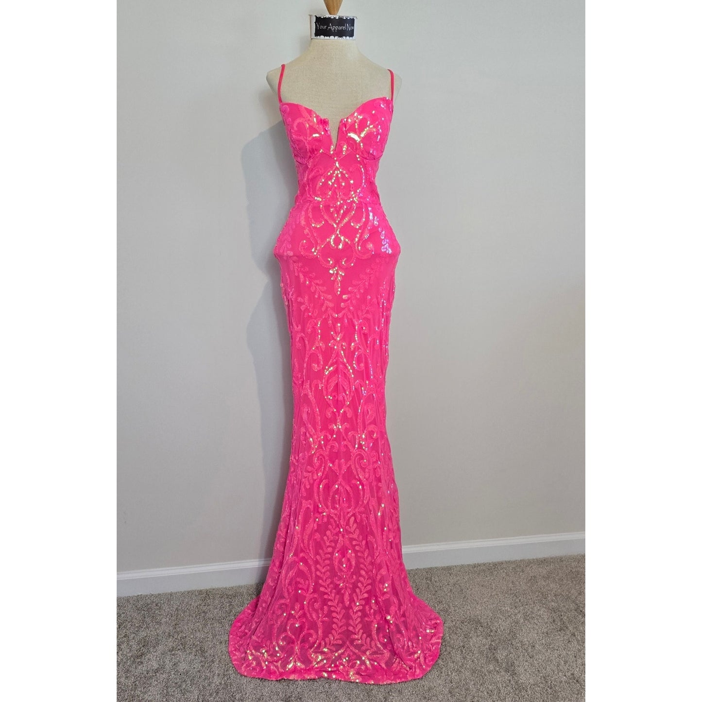 Julissa NEON PINK V-Neck Sequin Mesh Mermaid Dress Sz XS