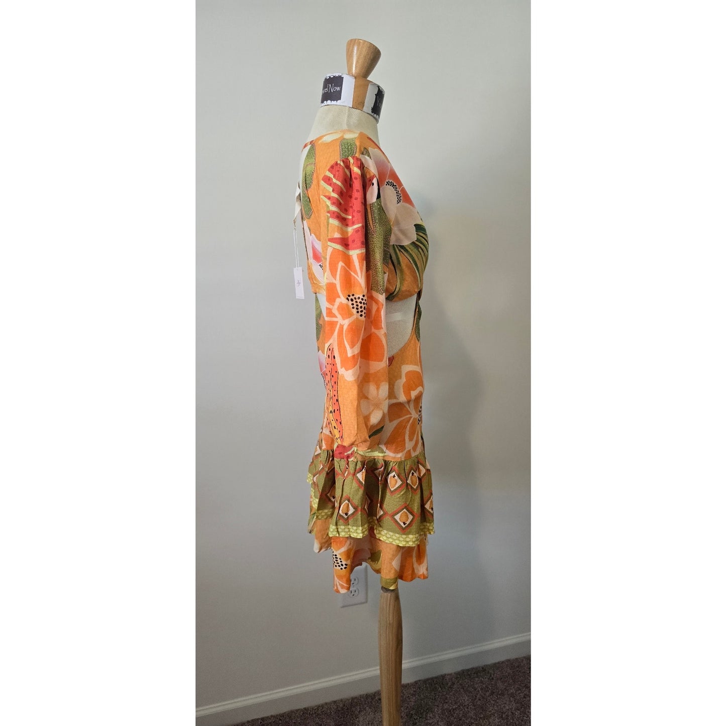 Z&L Orange Delia Boho Print Bubble 3/4 Sleeves Mini Dress Sz Small (0962)