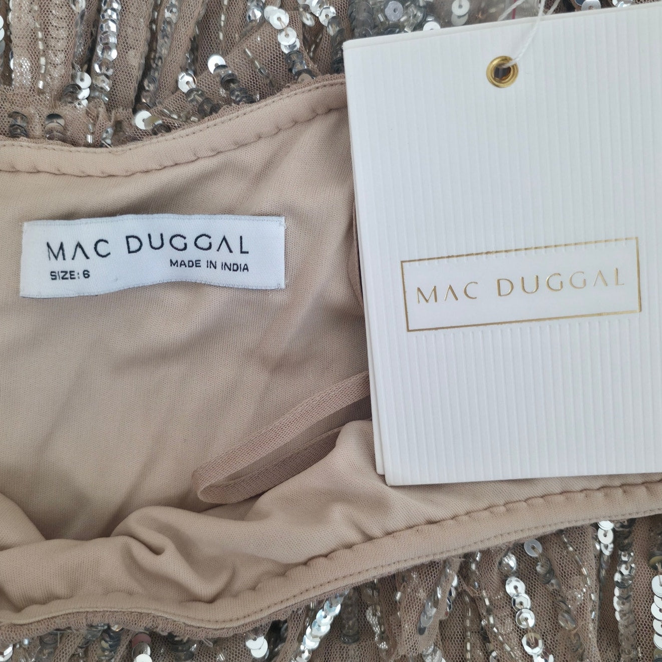 Mac Duggal Beaded Strap Sequin Ruffle Mini Dress in Nude Silver Sz 6 NWT