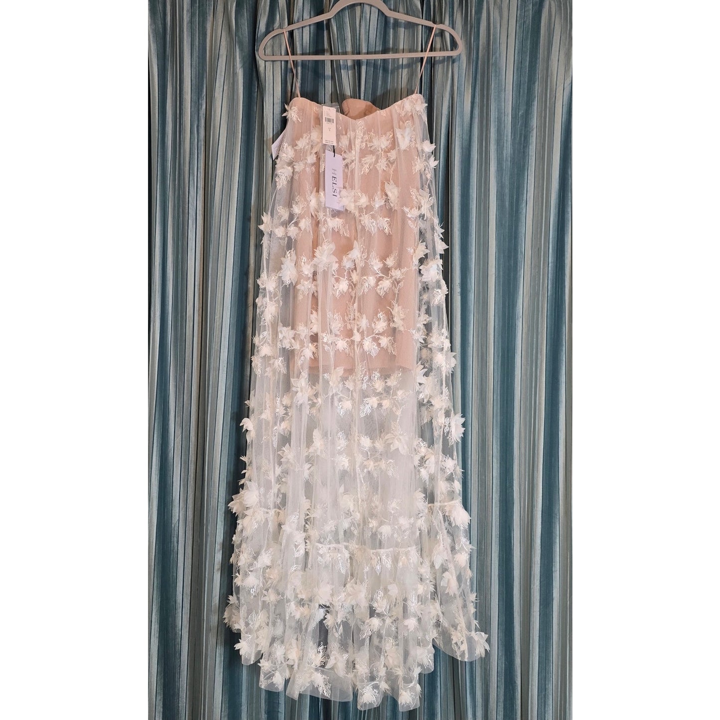 Anthropologie Athena Strapless Sheer 3D Flower Nude interior Midi Dress Sz Small