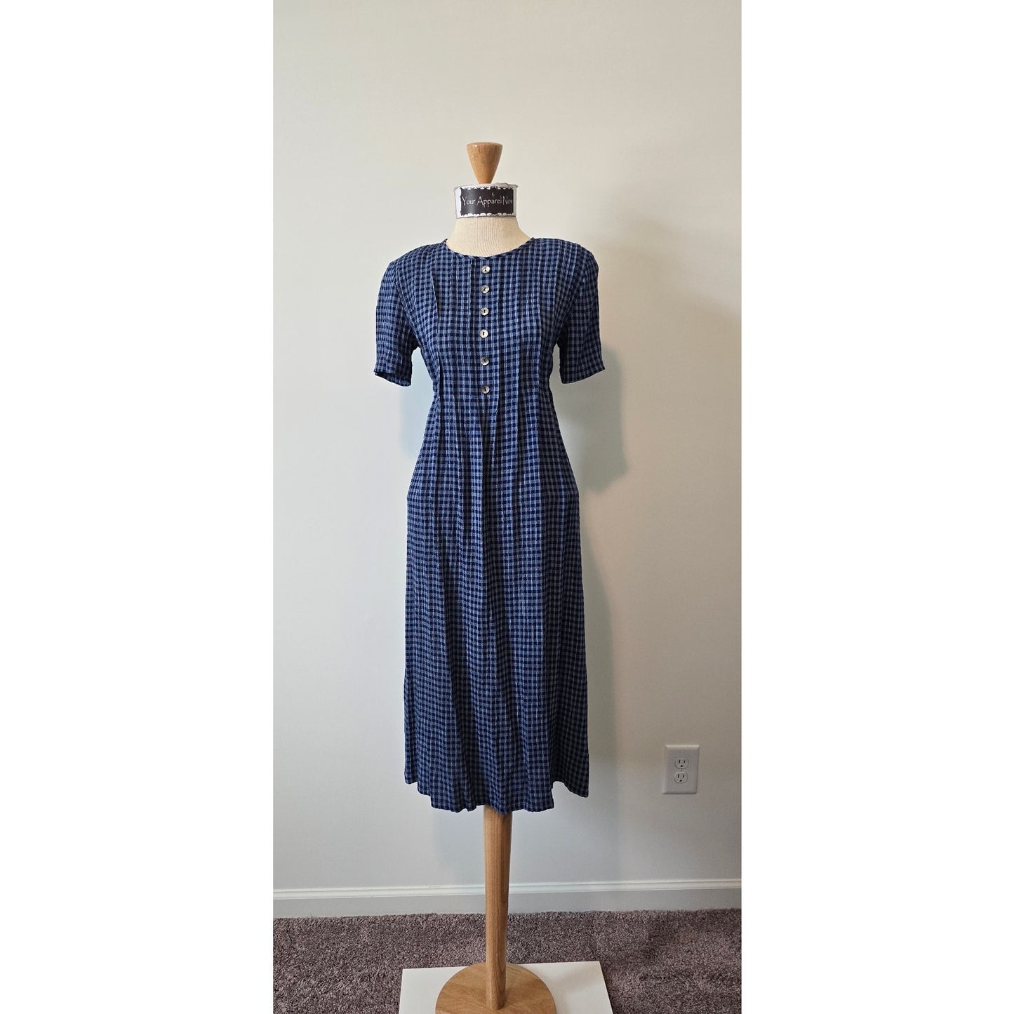 J.B.S Women Blue Vintage Crew Neck Short Sleeve Plaid Midi Dress Sz. 4(0993)