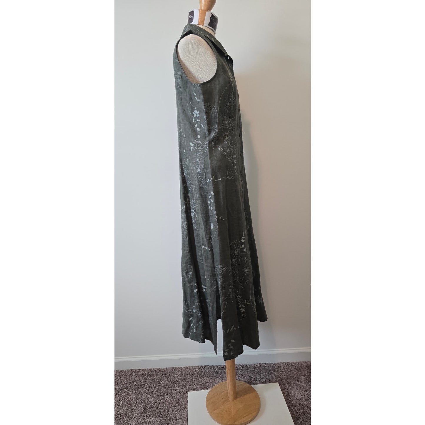 John Paul Richard Green Linen Sleeveless Collared Floral Midi Dress Sz MP (0987)