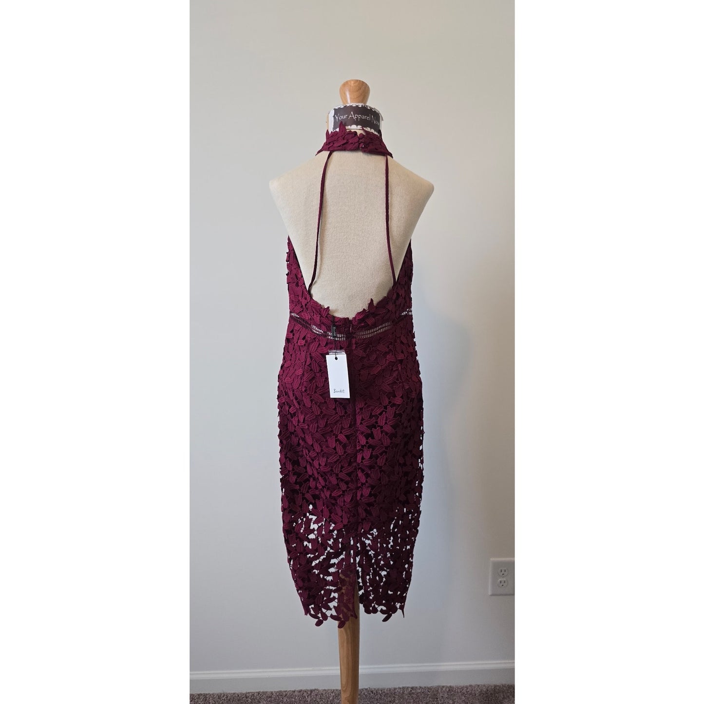 Bardot Women Halter Open Back Wine Cutouts Lace Midi Dress Sz 8 (0991)