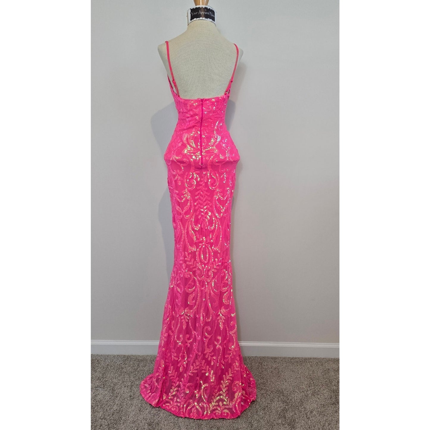 Julissa NEON PINK V-Neck Sequin Mesh Mermaid Dress Sz XS