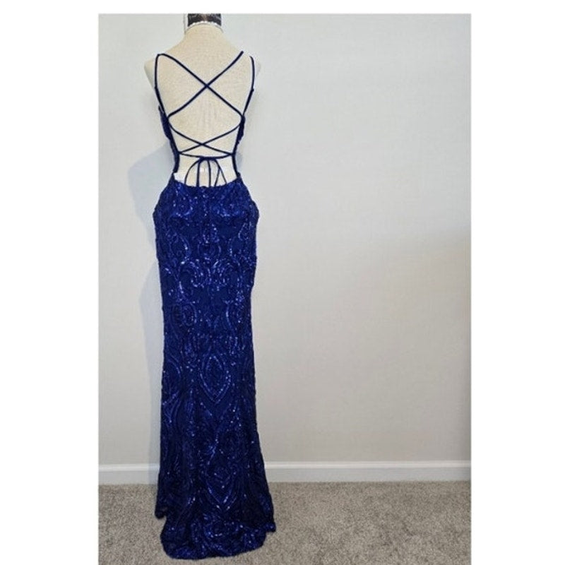 Delaney Royal Blue Lace-Up Mermaid Sequin Formal Formal Dress Size XS (748)