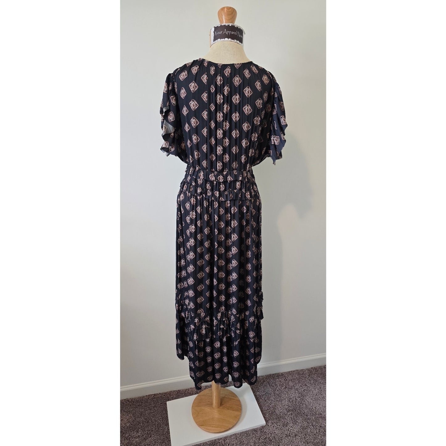 bohme Flutter Sleeve Gray Diamond Print Tiered Midi Dress Sz Small (0946)