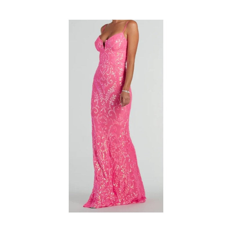 Julissa NEON PINK V-Neck Sequin Mesh Mermaid Dress Sz XS