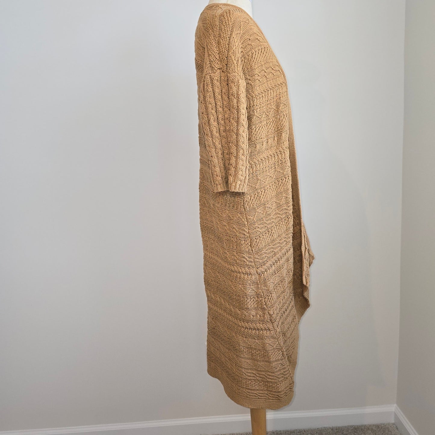 Chico's Women's Tan Short Sleeve Knit Long Open Cardigan Sweater Sz 2 (704)
