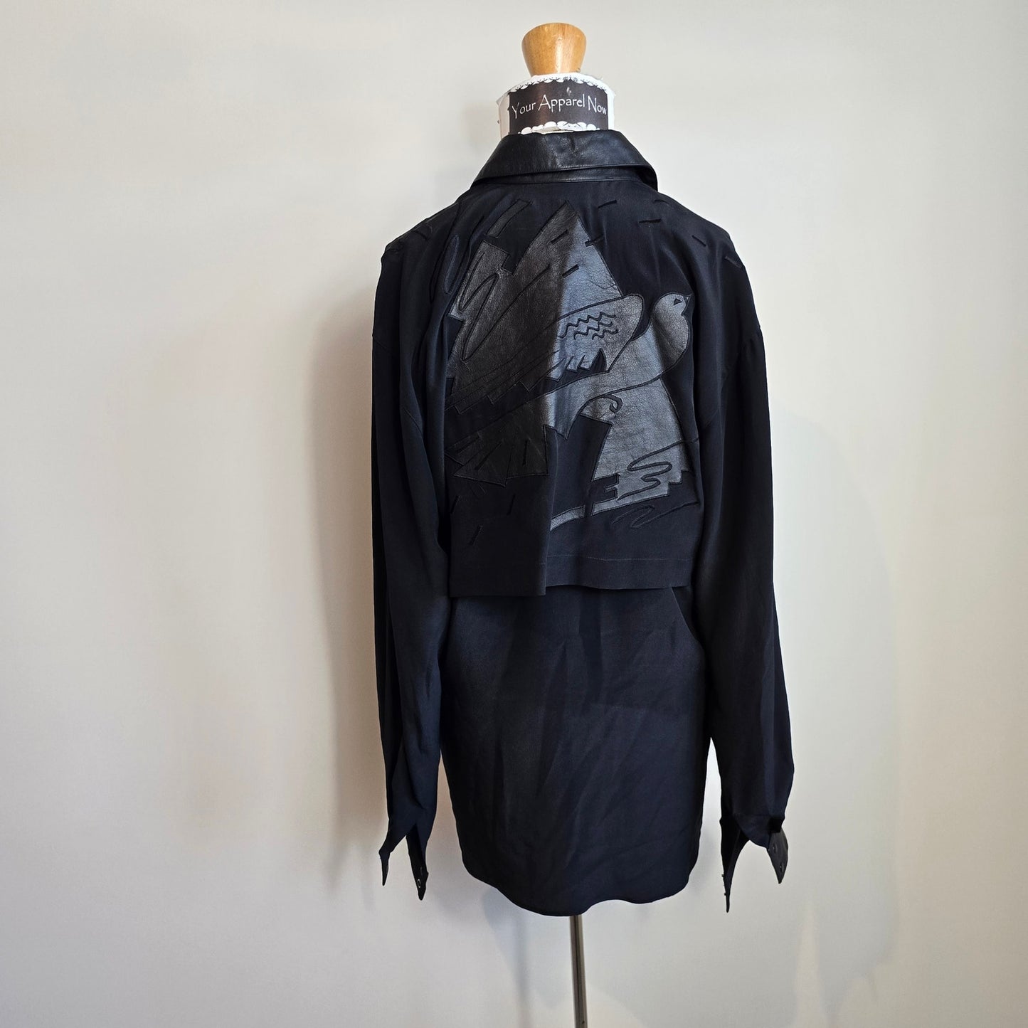 Vintage BOK HAUTE COUTURE Black Button Down Blouse Leather Trim (741)