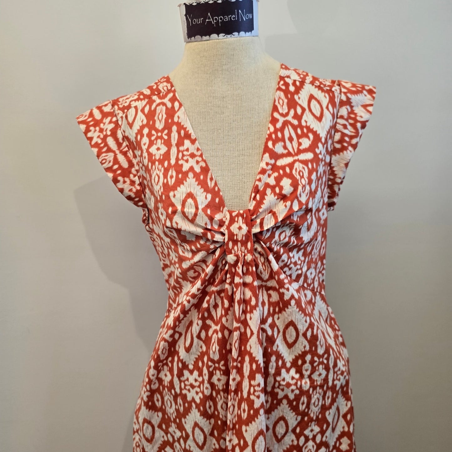 BB DAKOTA Orange Printed Short Sleeve Plunge Neckline Midi Dress Sz M (0956)