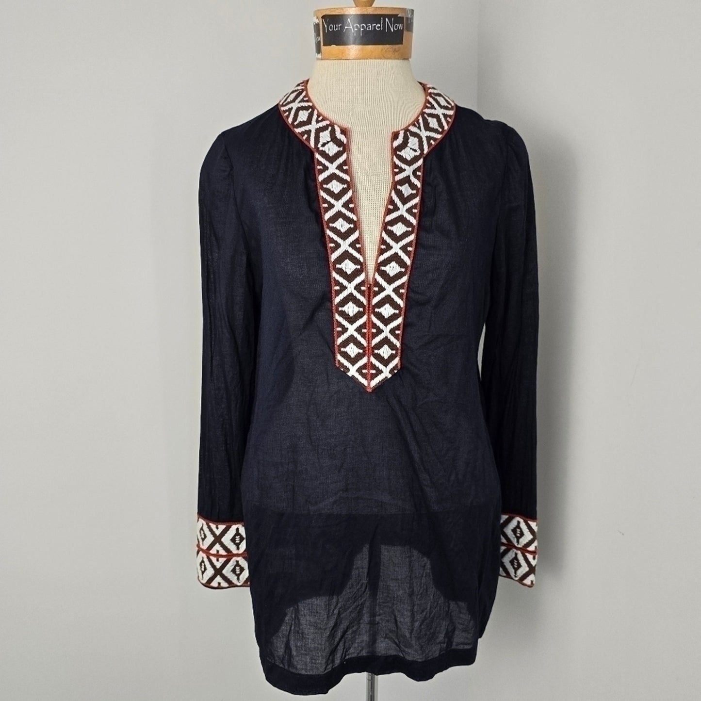 Tory Burch Navy V-Neck Long Sleeves Sheer Tunic Top Sz 4 (669)