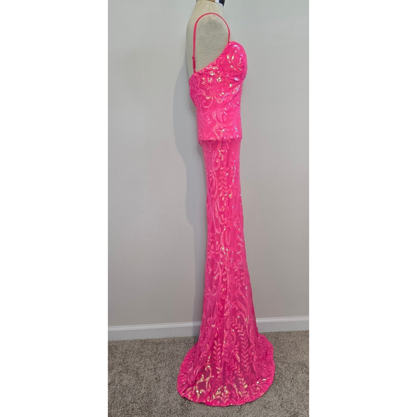 Julissa NEON PINK V-Neck Sequin Mesh Mermaid Dress Sz XS