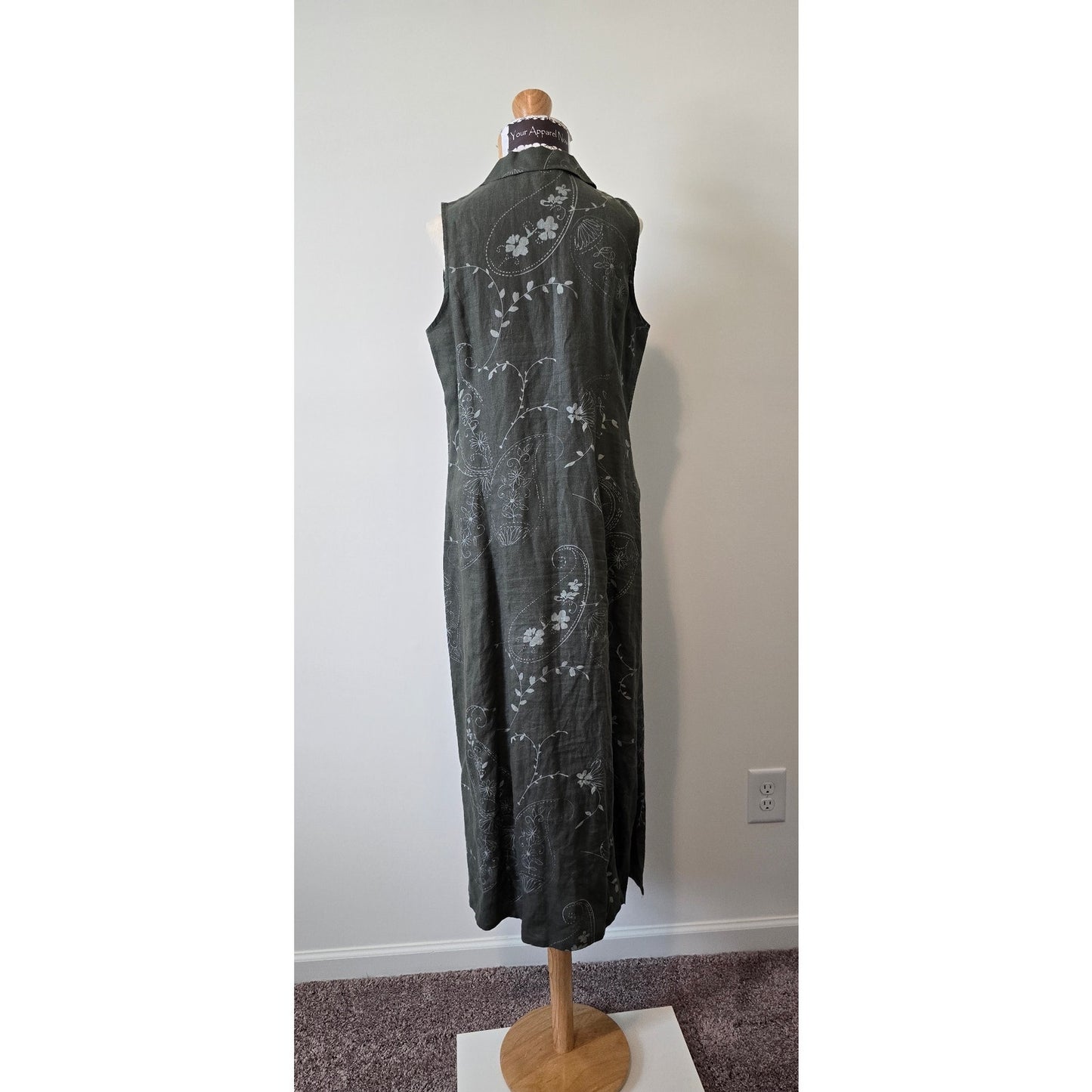 John Paul Richard Green Linen Sleeveless Collared Floral Midi Dress Sz MP (0987)