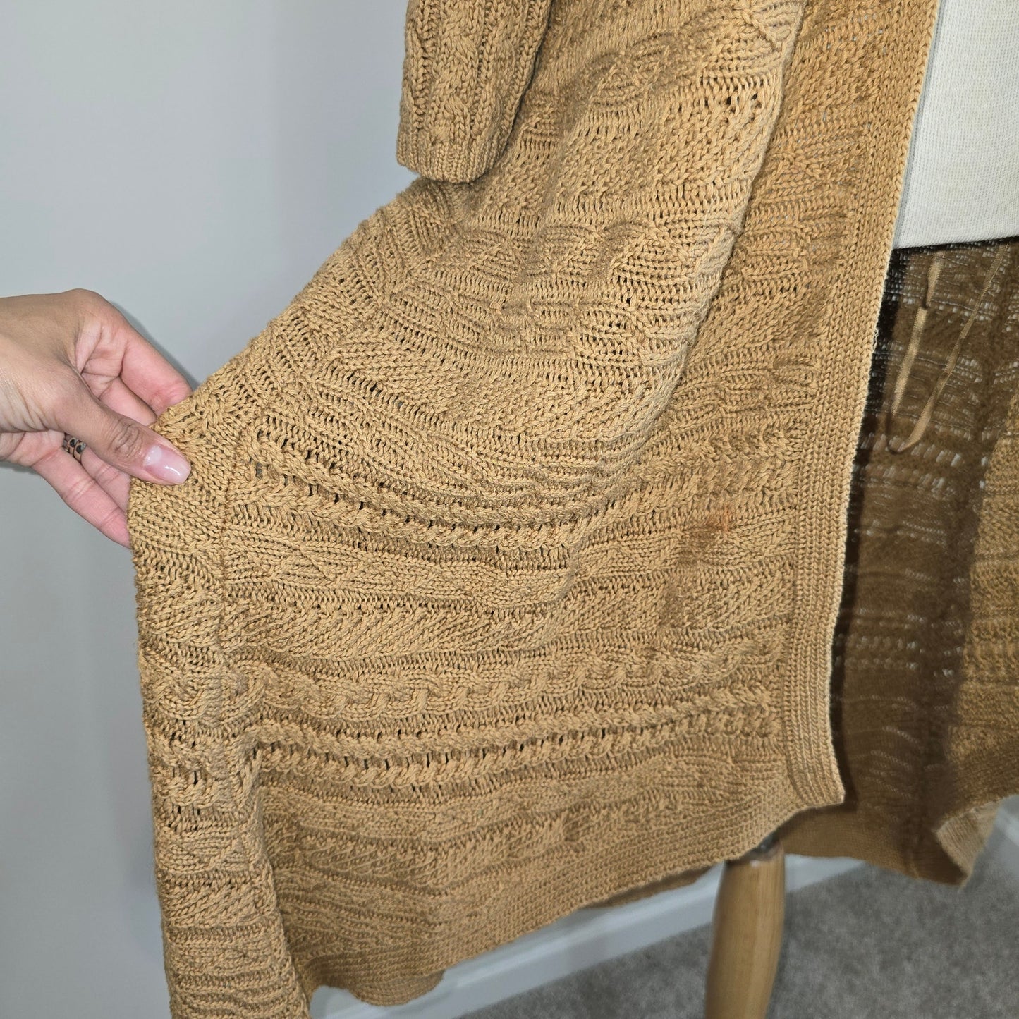 Chico's Women's Tan Short Sleeve Knit Long Open Cardigan Sweater Sz 2 (704)