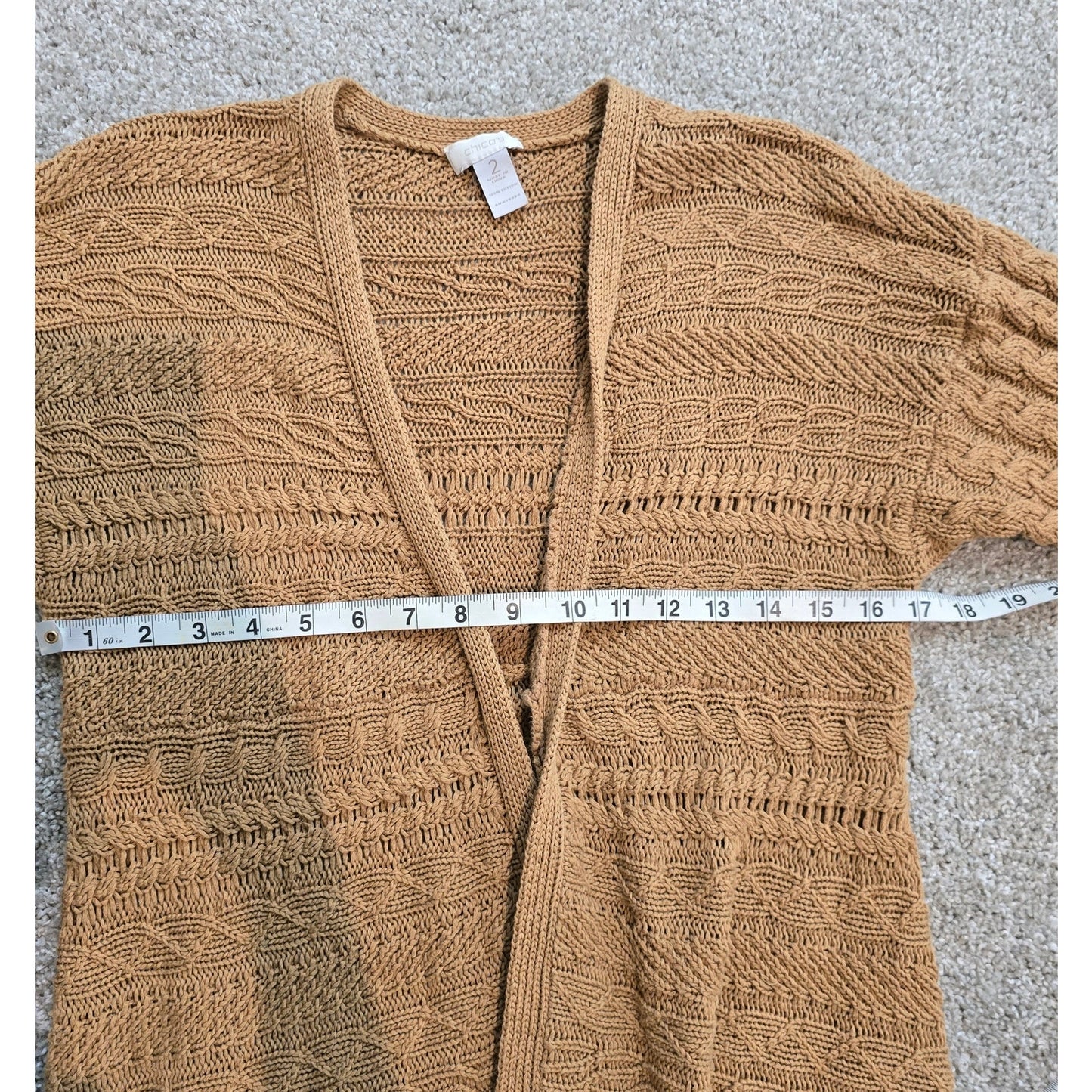 Chico's Women's Tan Short Sleeve Knit Long Open Cardigan Sweater Sz 2 (704)