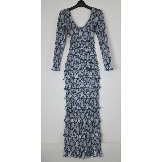 V. Chapman Lanie Emerald Peony Print Fitted Ruched Ruffled Maxi Dress Sz 0 NWT