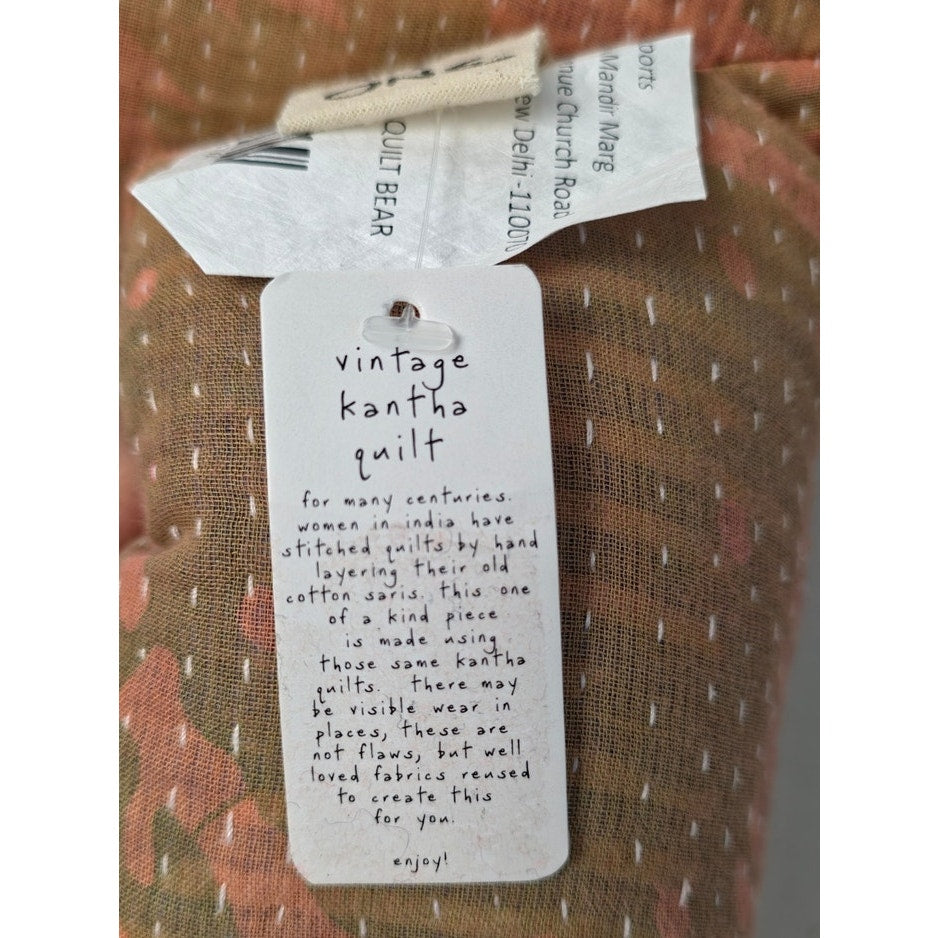 Free People Peach Green Camo Pattern hues Vintage Kantha Quilt Bear