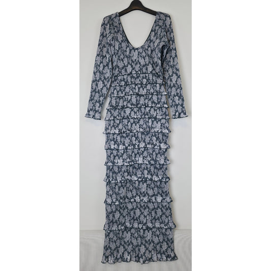 V. Chapman Lanie Emerald Peony Print Fitted Ruched Ruffled Maxi Dress Sz 8 NWT