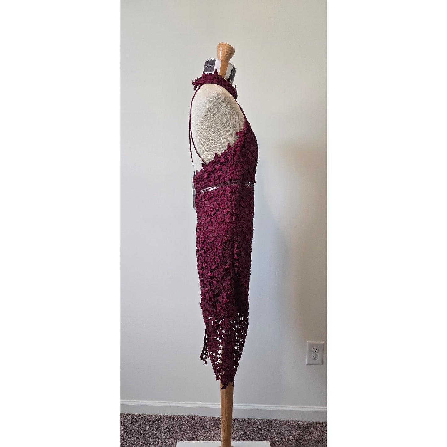Bardot Women Halter Open Back Wine Cutouts Lace Midi Dress Sz 8 (0991)