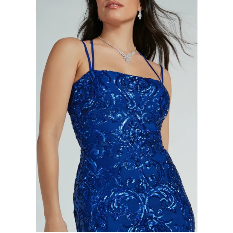Delaney Royal Blue Lace-Up Mermaid Sequin Formal Formal Dress Size XS (748)