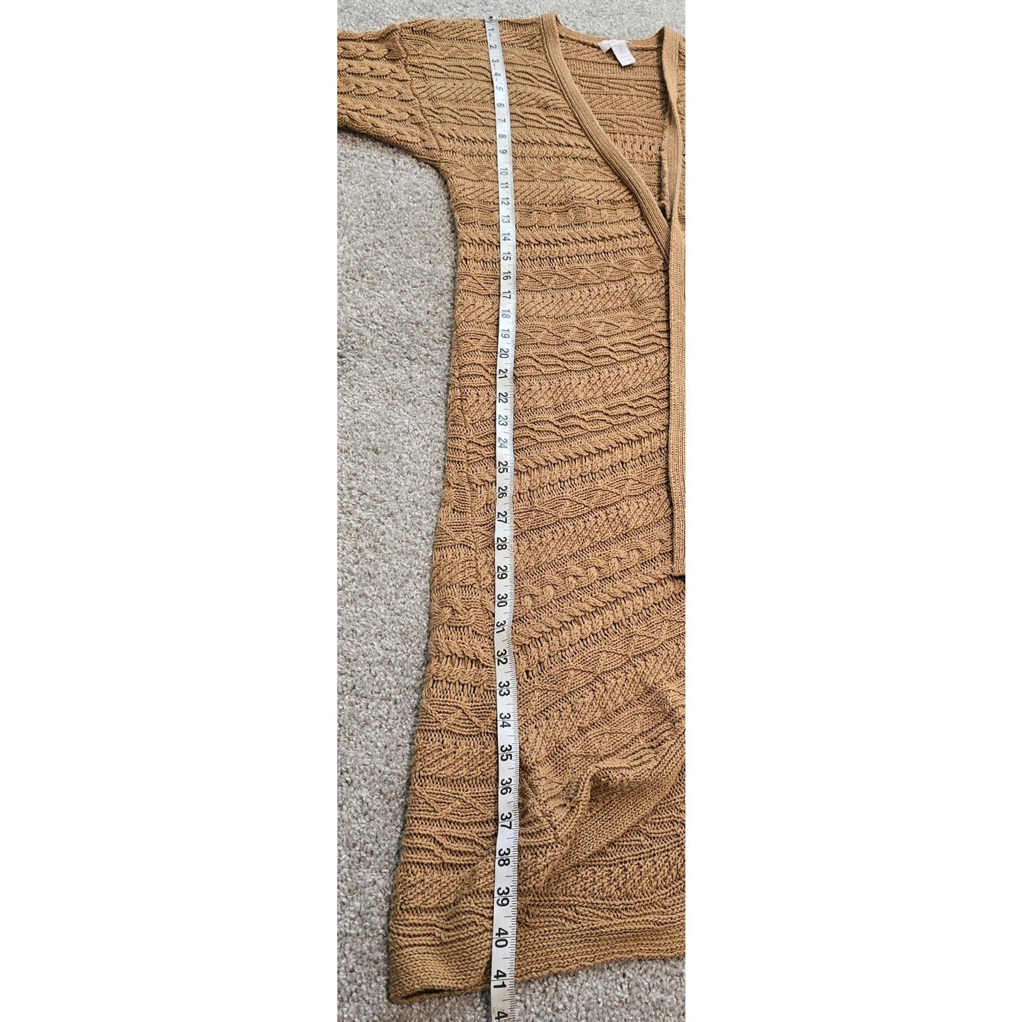 Chico's Women's Tan Short Sleeve Knit Long Open Cardigan Sweater Sz 2 (704)